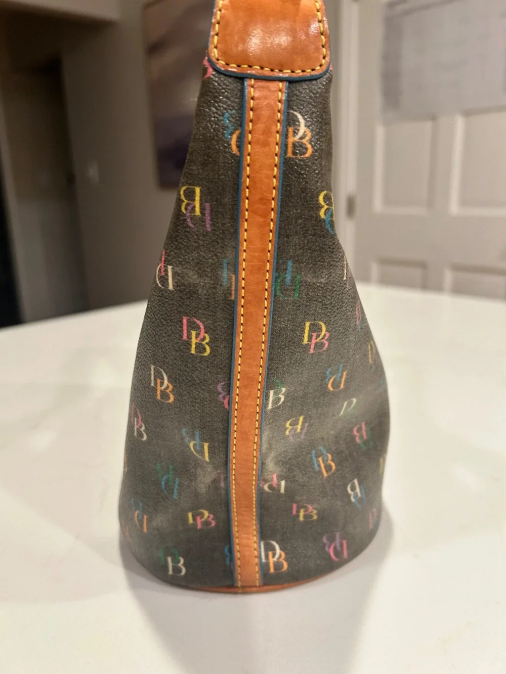Vintage Dooney & Bourke Rainbow Monogram Brown Leather Pink Heart Zipper Handbag